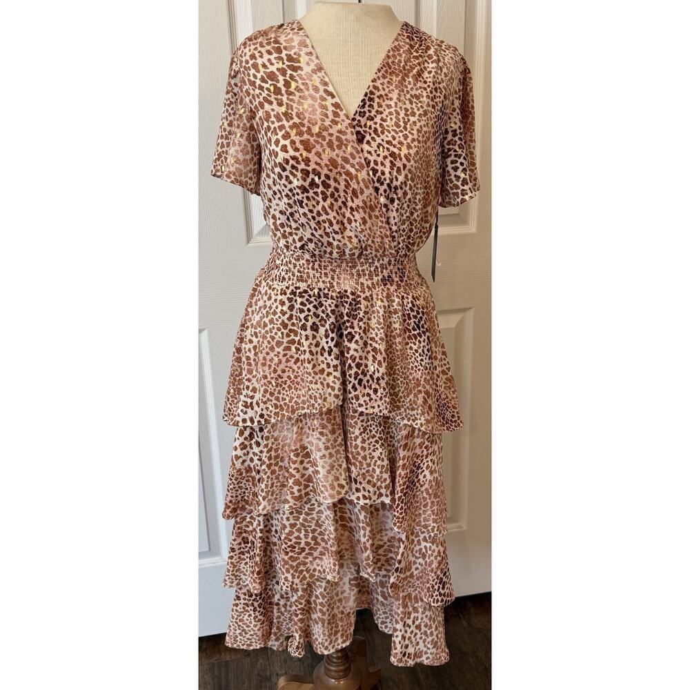 Vince Camuto NWT Dress Sz XS Cheetah Print Four Tiers Chiffon Career Dressy Midi